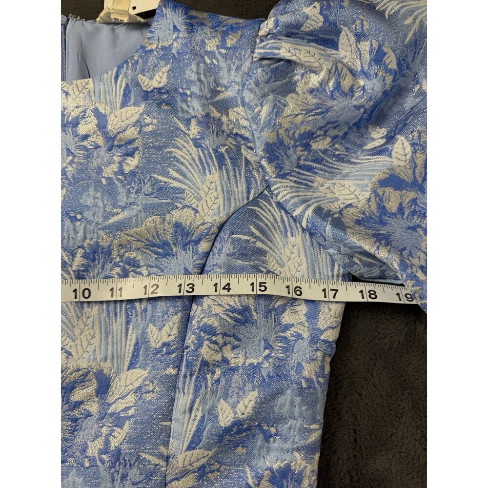 Lena Women’s M Blue Silver Floral Brocade Jacquard Puff Sleeve Mini Dress - Picture 8 of 12